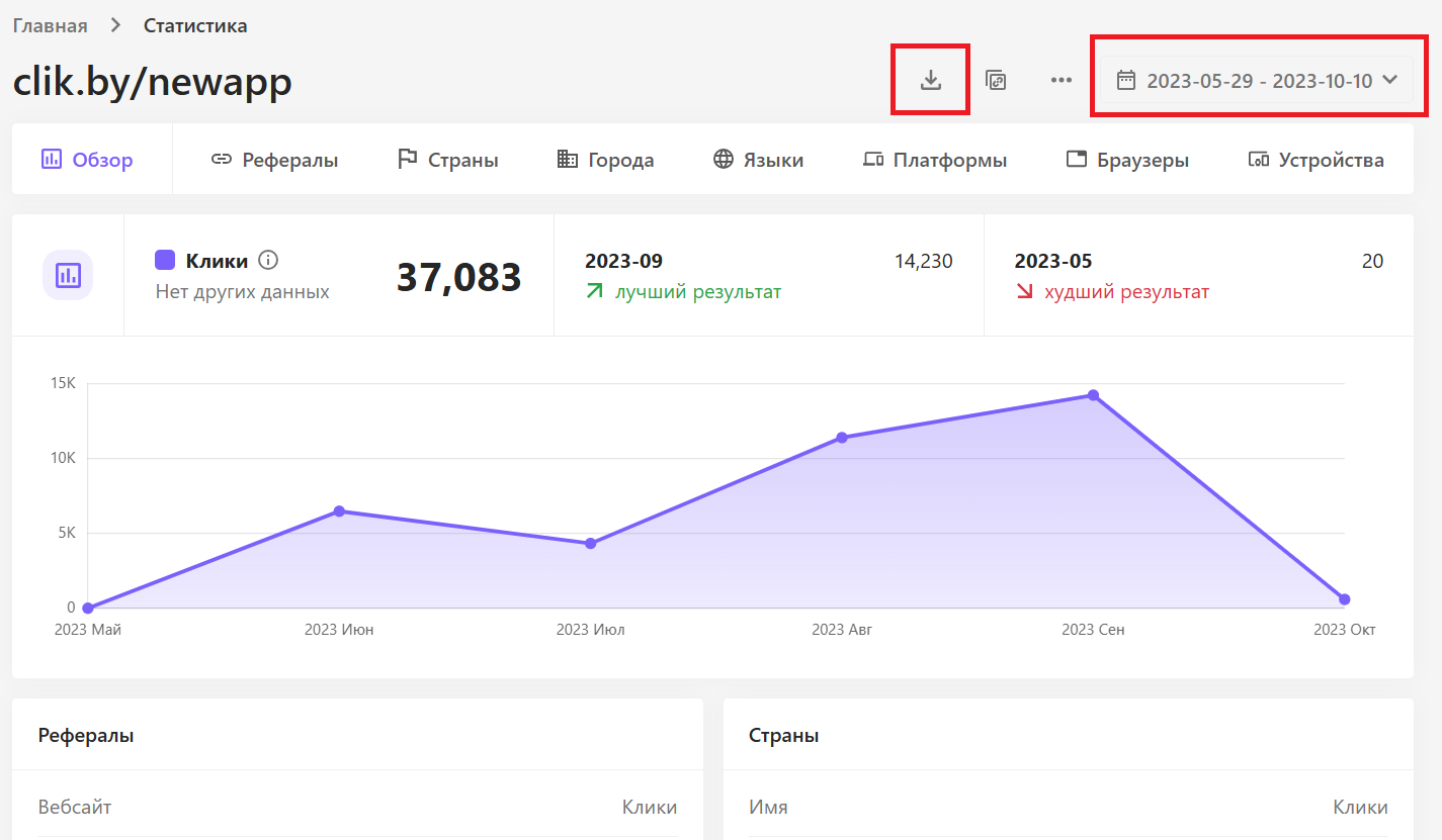 Страница статистики с кнопкой загрузки отчета